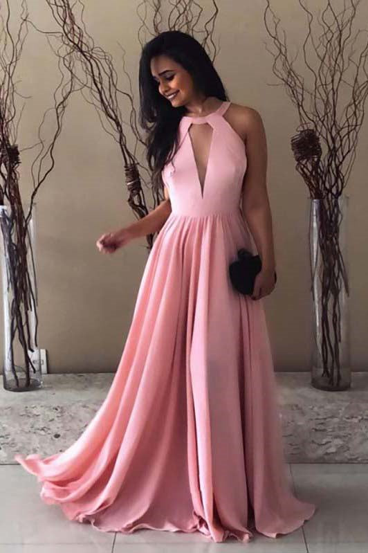 elegant round neck long chiffon sleeveless pink prom dress