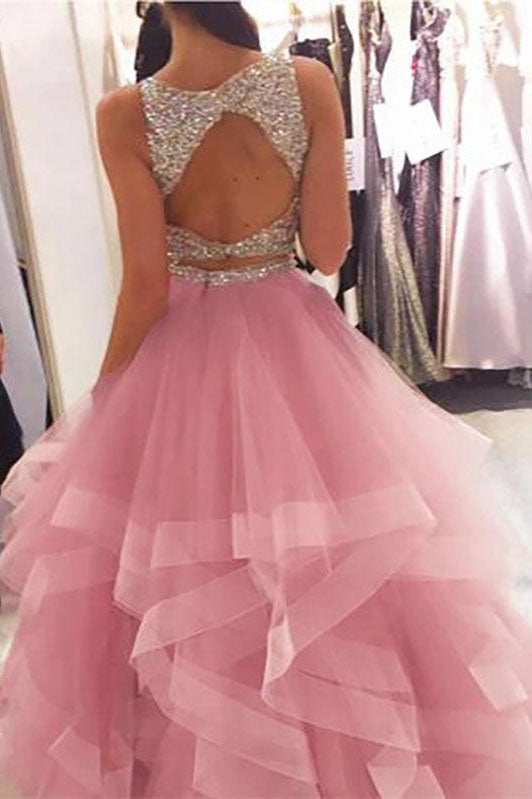 two piece sweet 16 dresses organza ruffles prom dresses with beads crop top