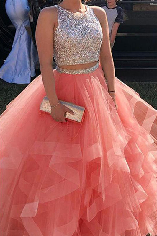 two piece sweet 16 dresses organza ruffles prom dresses with beads crop top