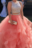 two piece sweet 16 dresses organza ruffles prom dresses with beads crop top