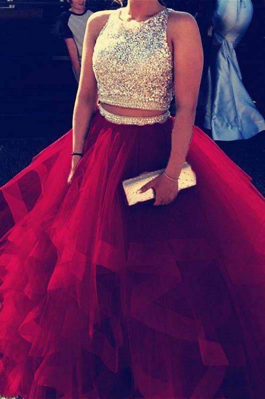 two piece sweet 16 dresses organza ruffles prom dresses with beads crop top