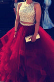 two piece sweet 16 dresses organza ruffles prom dresses with beads crop top