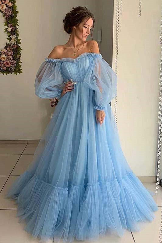 tulle sweetheart a line prom dresses with long sleeves