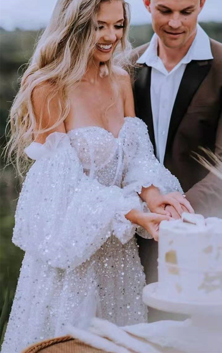 detachable sleeves sweetheart sequin tulle wedding dresses slit boho wedding dress