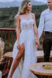 Detachable Sleeves Sweetheart Sequin Tulle Wedding Dresses, Slit Boho Wedding Dress PW537