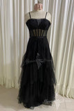 new a line layered tulle black prom dress sheer corset long evening dress