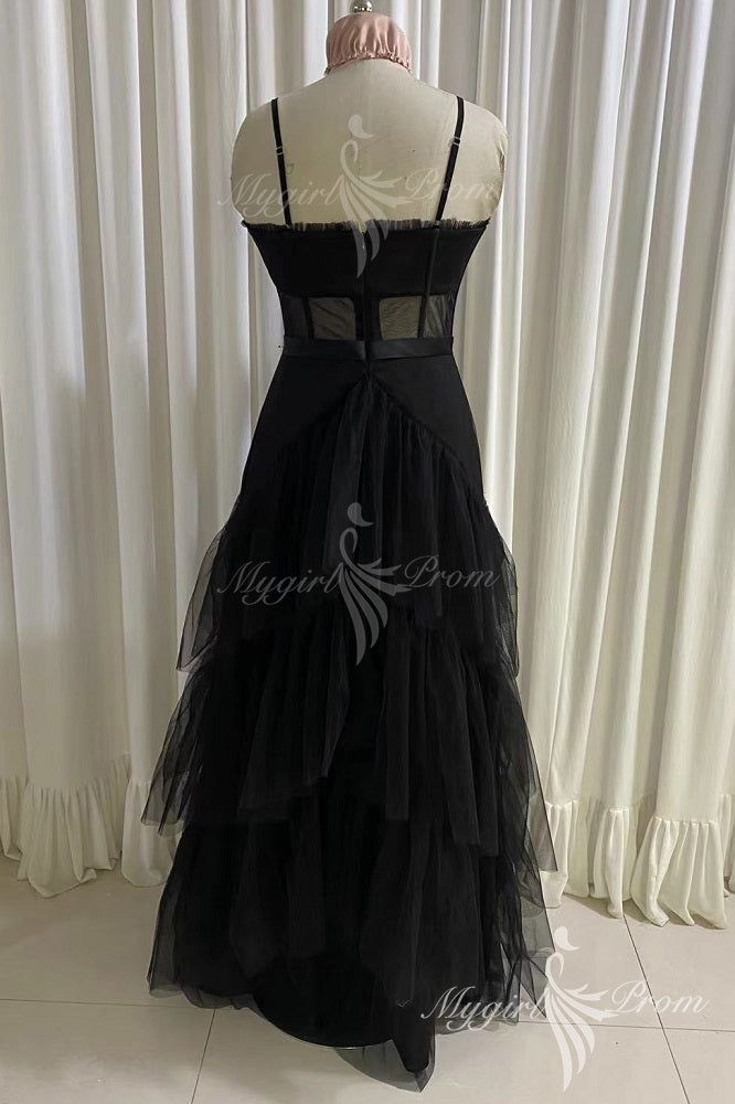 new a line layered tulle black prom dress sheer corset long evening dress