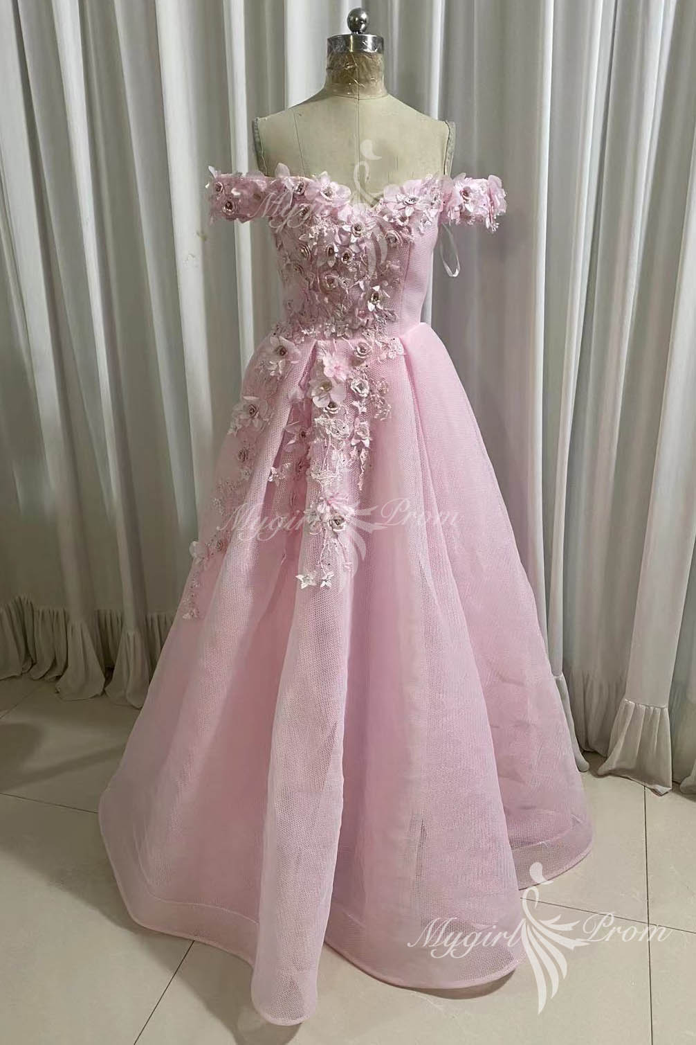 charming off shoulder 3d flower appliques net blue prom dresses