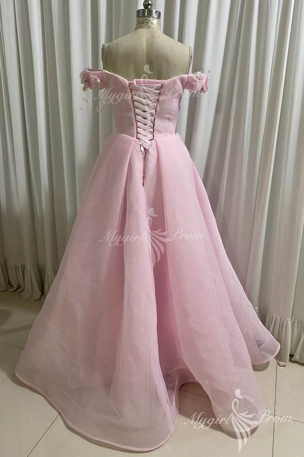 charming off shoulder 3d flower appliques net blue prom dresses