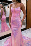 pink scoop neck straps mermaid prom dresses long sequined evening dresses
