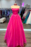 simple hot pink strapless tulle prom dress with pockets long formal gown