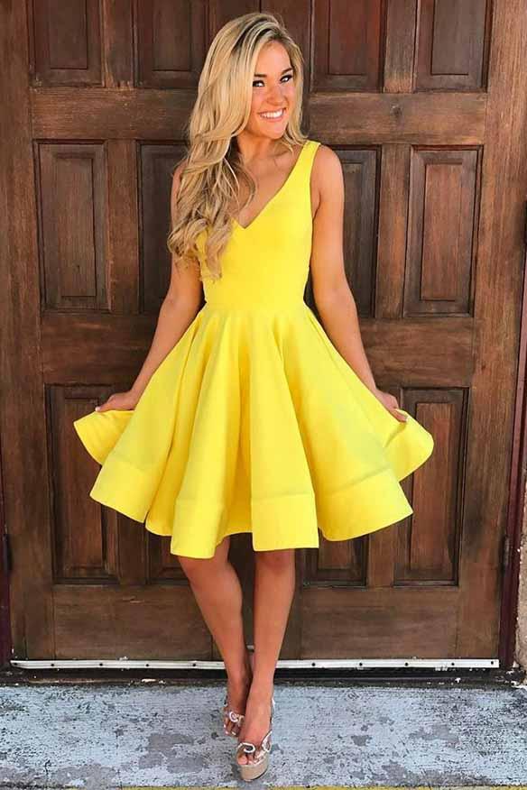 yellow a line v neck knee length satin homecoming dress simple short prom dress