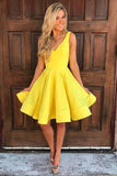 Yellow A-Line V-Neck Knee-Length Satin Homecoming Dress, Simple Short Prom Dress GM269