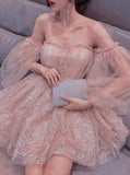 Sparkly puff sleeves short prom dress, off shoulder short homecoming dress mg182