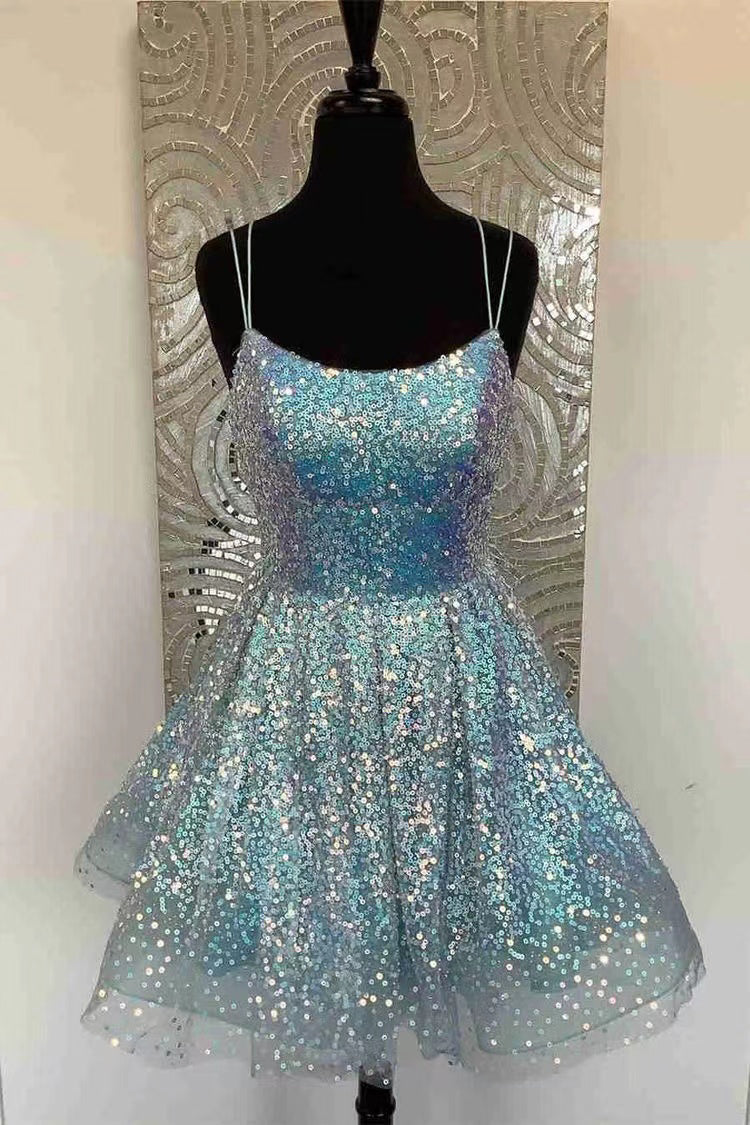 sparkly a line light blue short party dress sequins plus size homecoming dresses