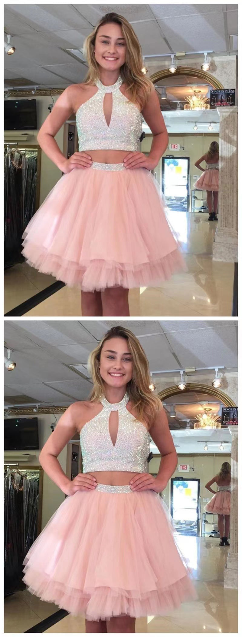 pink halter two piece short homecoming dresses with beading
