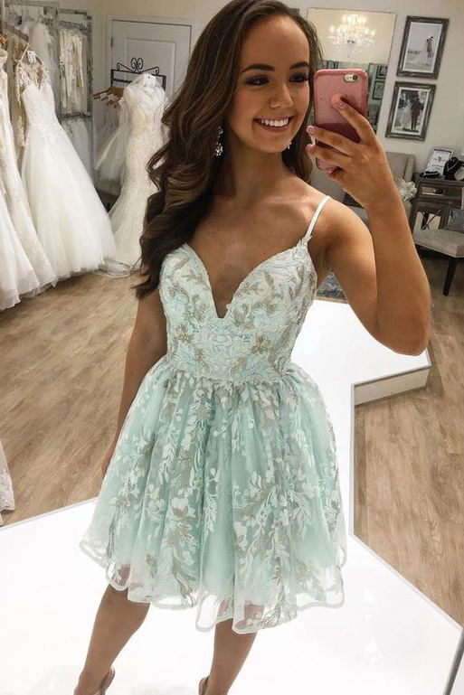 a line v neck pink homecoming dress short prom dresses with appliques