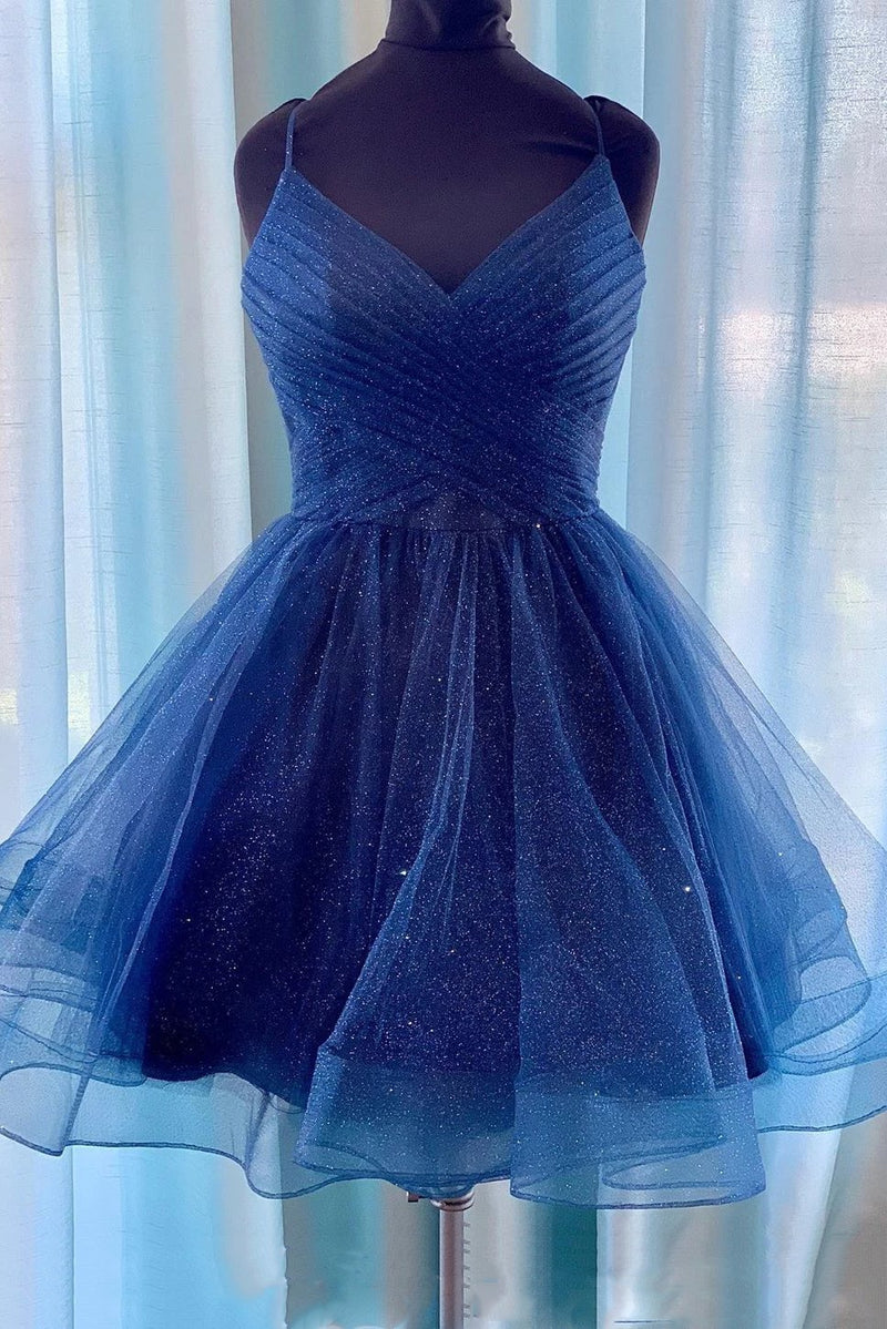 sparkly navy blue homecoming dress v neck short prom dress