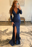 sequin navy blue v neck long sleeve mermaid formal prom dress