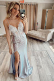 glitter mermaid spaghetti straps prom dress lace slit evening gowns