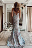 glitter mermaid spaghetti straps prom dress lace slit evening gowns