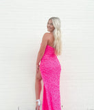 hot pink sequins sheath long prom dress sparkly strapless evening gown