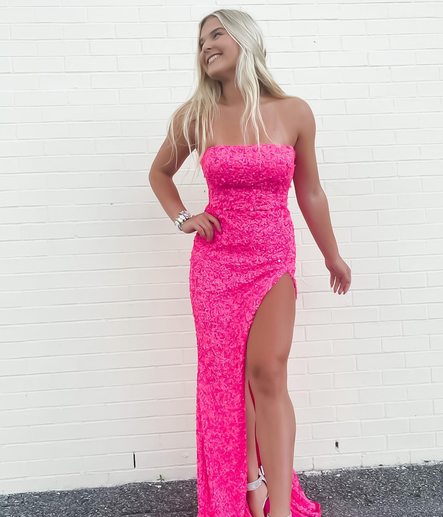hot pink sequins sheath long prom dress sparkly strapless evening gown