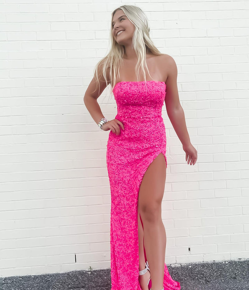 hot pink sequins sheath long prom dress sparkly strapless evening gown