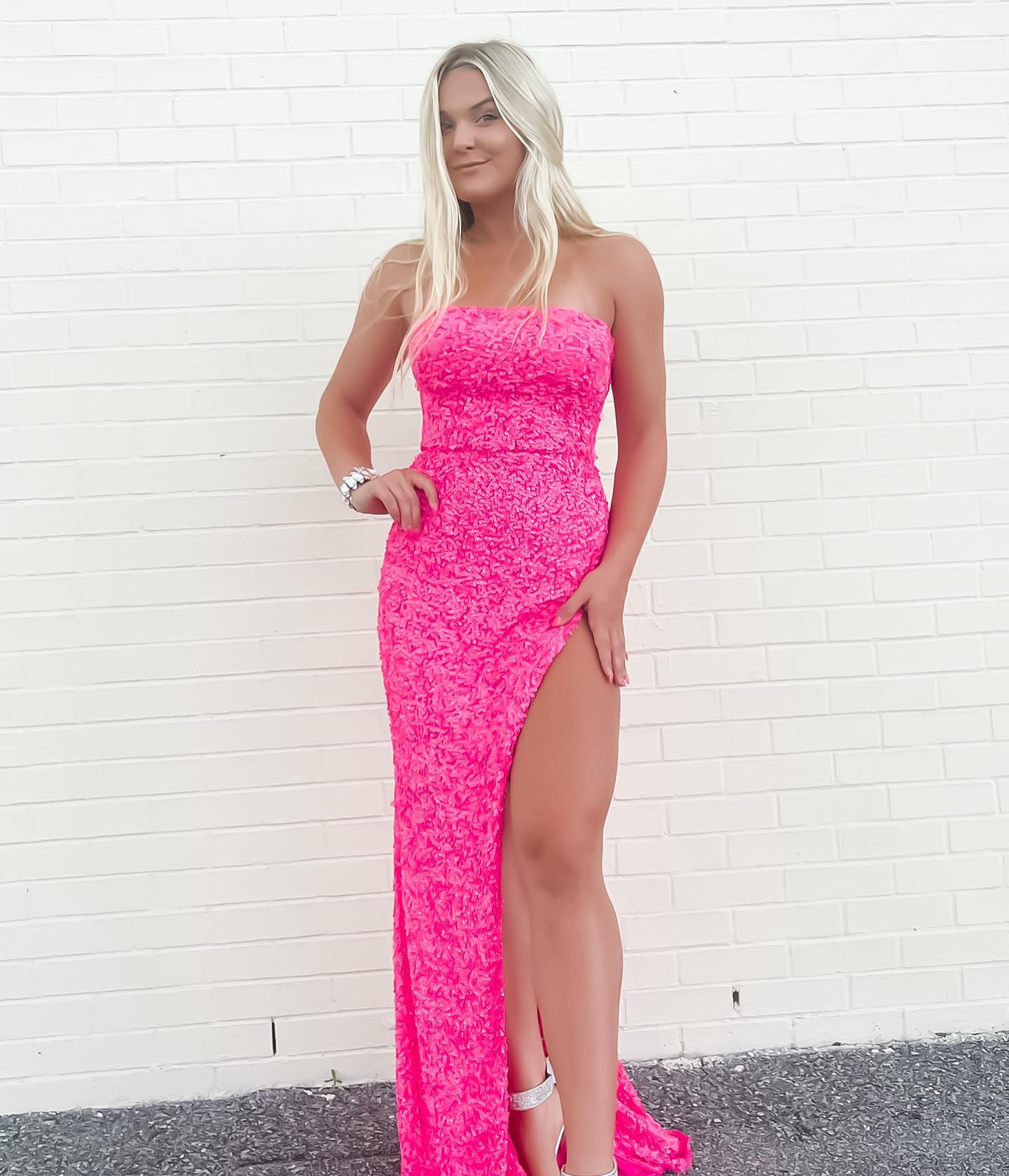 hot pink sequins sheath long prom dress sparkly strapless evening gown