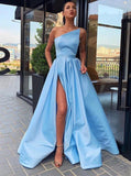 Simple long prom dresses light sky blue evening dress with split mg173