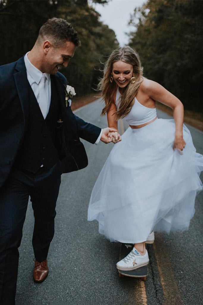 two piece tulle backless wedding dress simple country wedding gowns