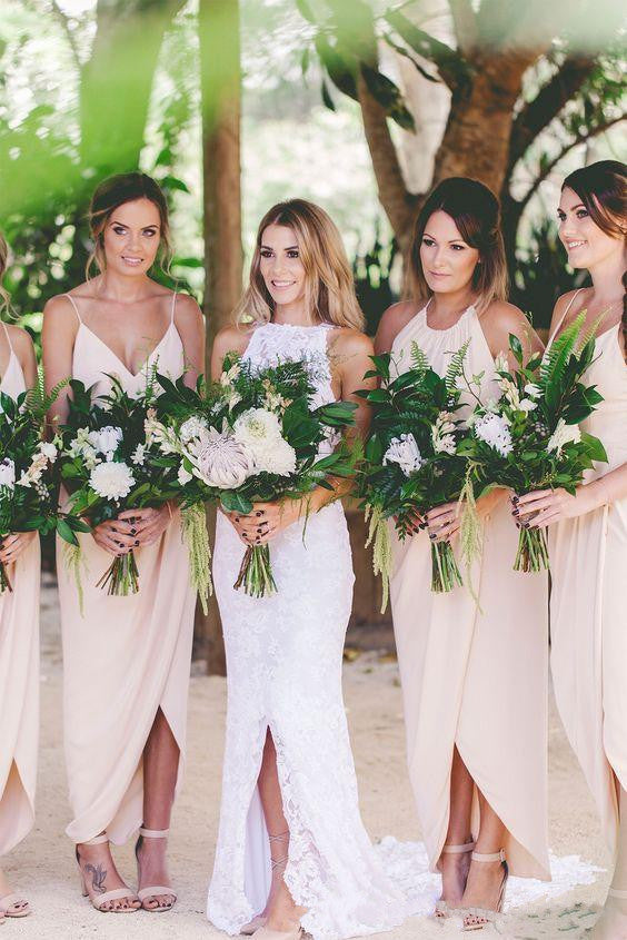 spaghetti straps asymmetrical chiffon ankle length long bridesmaid dresses