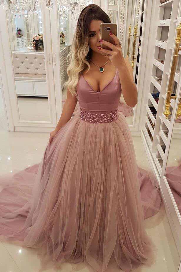 a line v neck beaded waist prom dresses with overlay tulle skirt