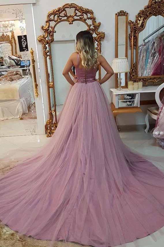 a line v neck beaded waist prom dresses with overlay tulle skirt