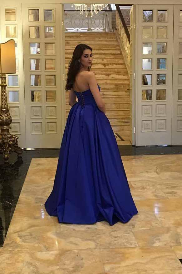 royal blue strapless puffy prom dresses satin elegant formal gown