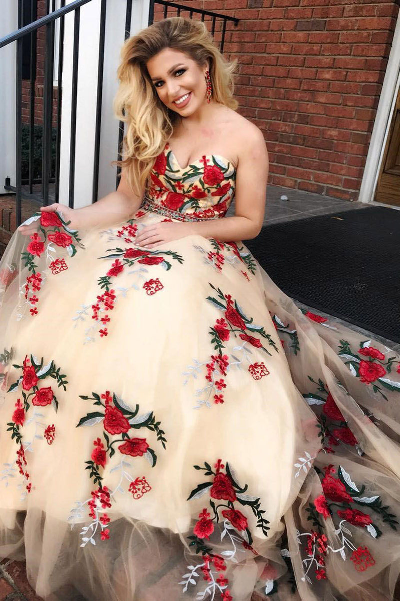 sweetheart embroidered appliques sleeveless long prom dress