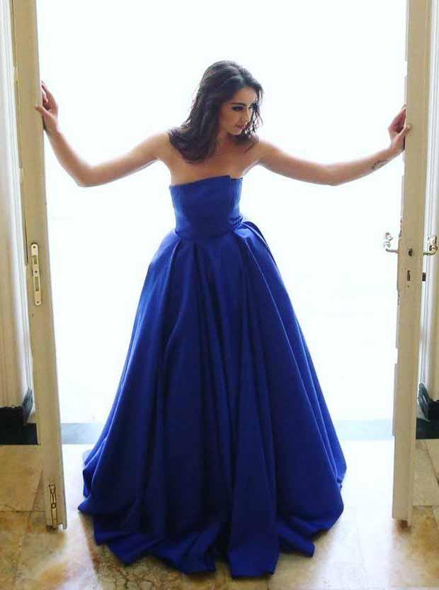 royal blue strapless puffy prom dresses satin elegant formal gown
