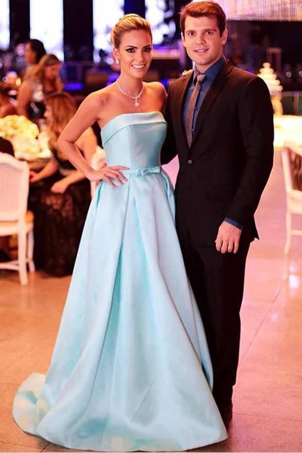 ice blue strapless prom dresses satin long evening dresses with waist bow