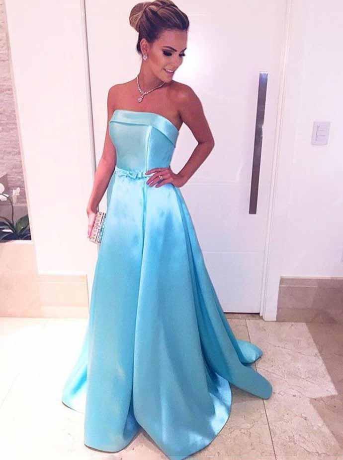 ice blue strapless prom dresses satin long evening dresses with waist bow