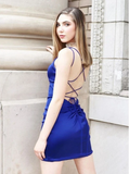 simple tight royal blue short prom dress bodycon homecoming dress with criss cross back
