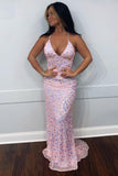 Spaghetti Straps Sequin V-Neck Backless Mermaid Pink Long Prom Dress GP321