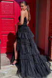 glitter black tulle tiered prom dresses long graduation gown with slit