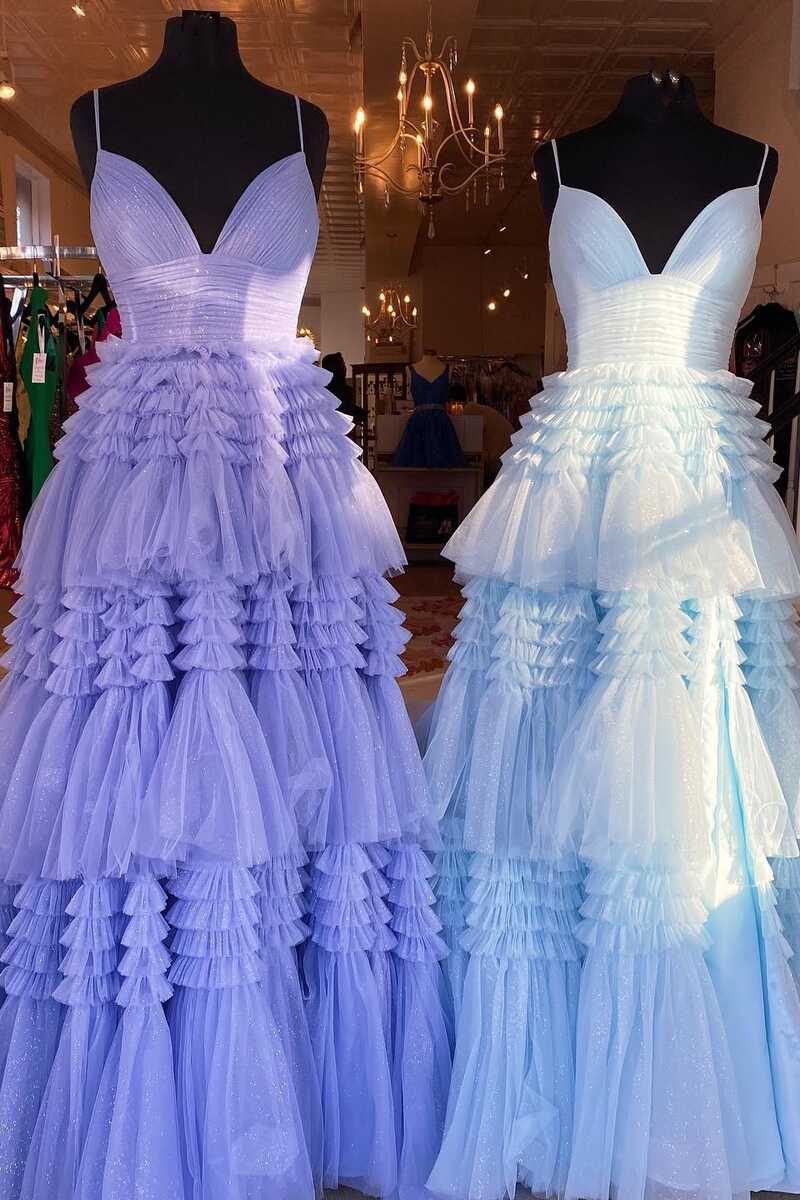 glitter black tulle tiered prom dresses long graduation gown with slit