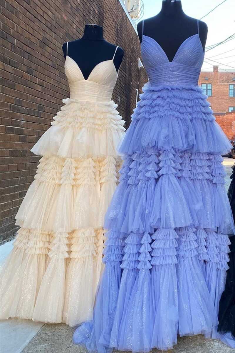 glitter black tulle tiered prom dresses long graduation gown with slit