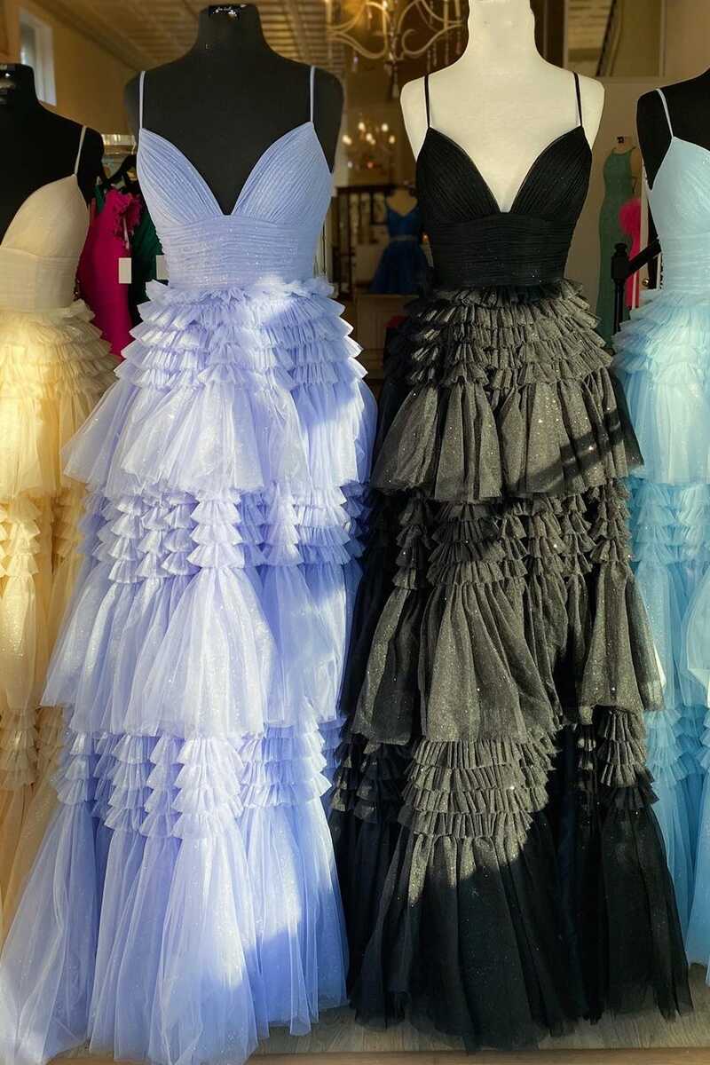 glitter black tulle tiered prom dresses long graduation gown with slit