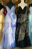 glitter black tulle tiered prom dresses long graduation gown with slit