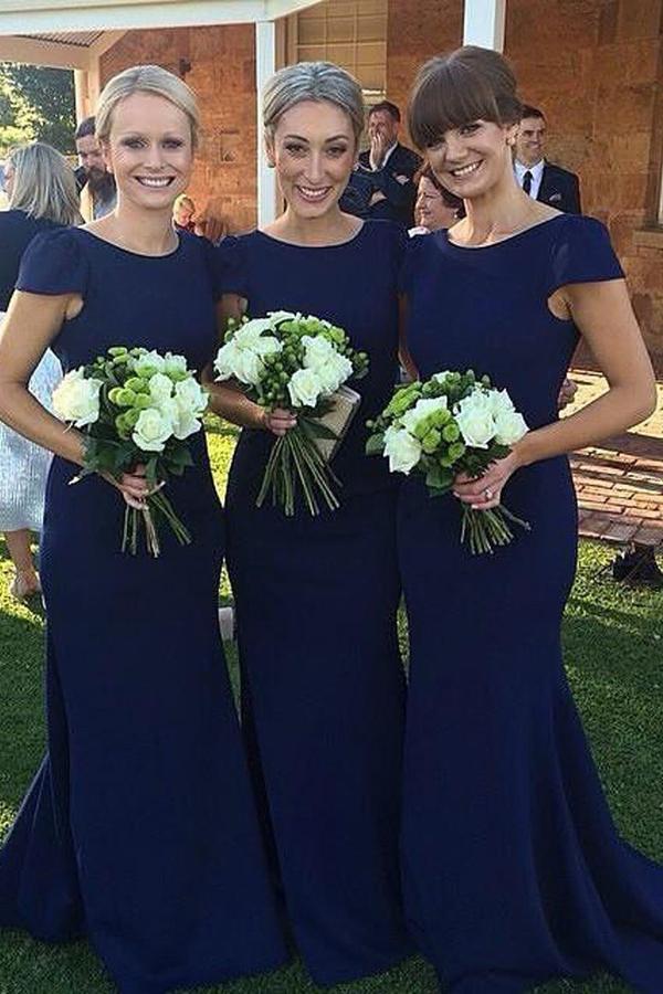 modest dark blue long bridesmaid dresses mermaid cap sleeves wedding guest dress