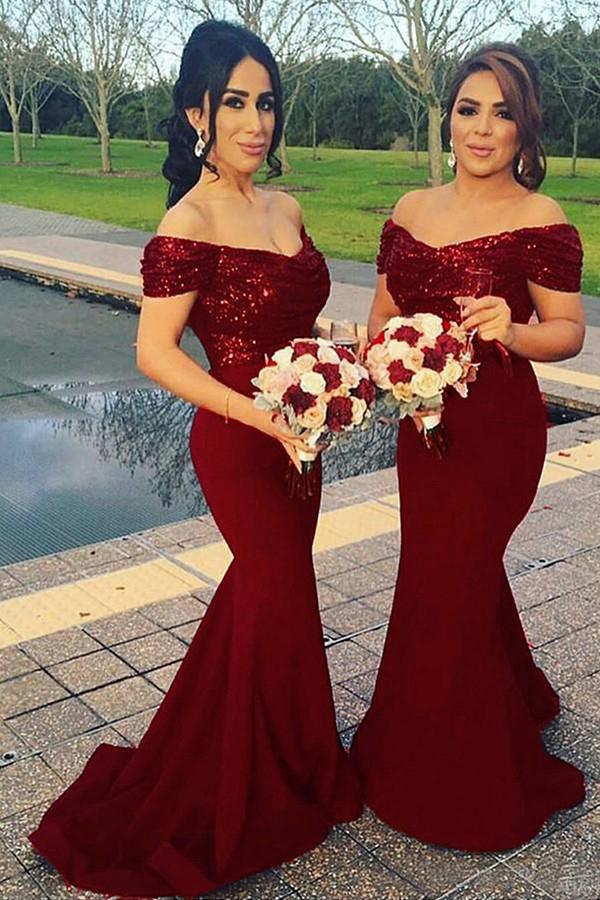off shoulder mermaid dark red long bridesmaid dresses with sequins