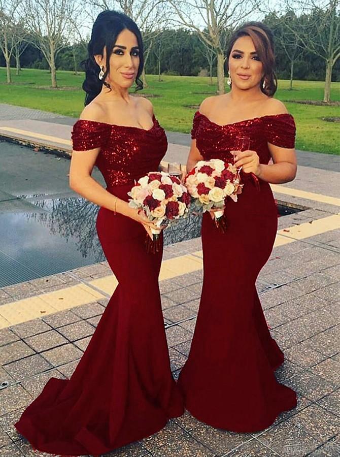 off shoulder mermaid dark red long bridesmaid dresses with sequins