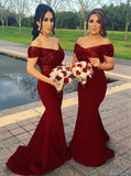 off shoulder mermaid dark red long bridesmaid dresses with sequins